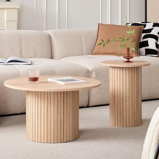 Round Nesting Coffee Tables for Living Room, Set of 2, Natural | φ27.6 + φ15.8 Boho Small Circle Side Tables, Fluted Drum Design Easy Assembly Minimalist Modern End Table Wood Grain Finish