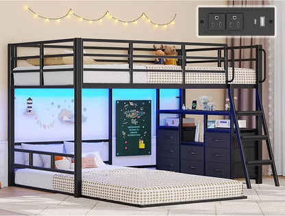 busyaeh Bunk Bed Twin Over Twin,8 Drawers & 4 shelve,15" H Safety Guardrail | Low Bunk Bed with LED Light,Metal L-Shaped Twin Bunk Bed with Charging Station,Floor Bunk Bed with Ladder,Twin bunk bed Black