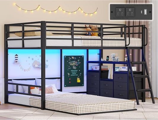 busyaeh Bunk Bed Twin Over Twin,8 Drawers & 4 shelve,15" H Safety Guardrail | Low Bunk Bed with LED Light,Metal L-Shaped Twin Bunk Bed with Charging Station,Floor Bunk Bed with Ladder,Twin bunk bed Black