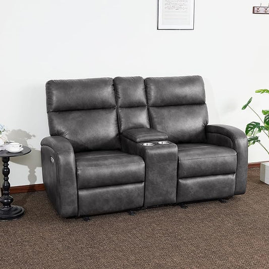MCombo Zero Wall Recliner Loveseat, 2-Seat Power Wall Hugger Sofa with USB & Type-C Dual Ports, for Small Space, Living Room, RV PR646 (Dark Grey, Loveseat with Console)