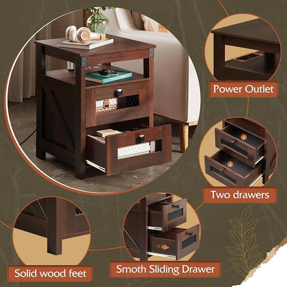WLIVE Nightstand with Charging Station, Farmhouse End Table, Bed Side Table with 2 Storage Drawers and Open Shelf, Wood Rustic Nightstands for Bedroom, Espresso