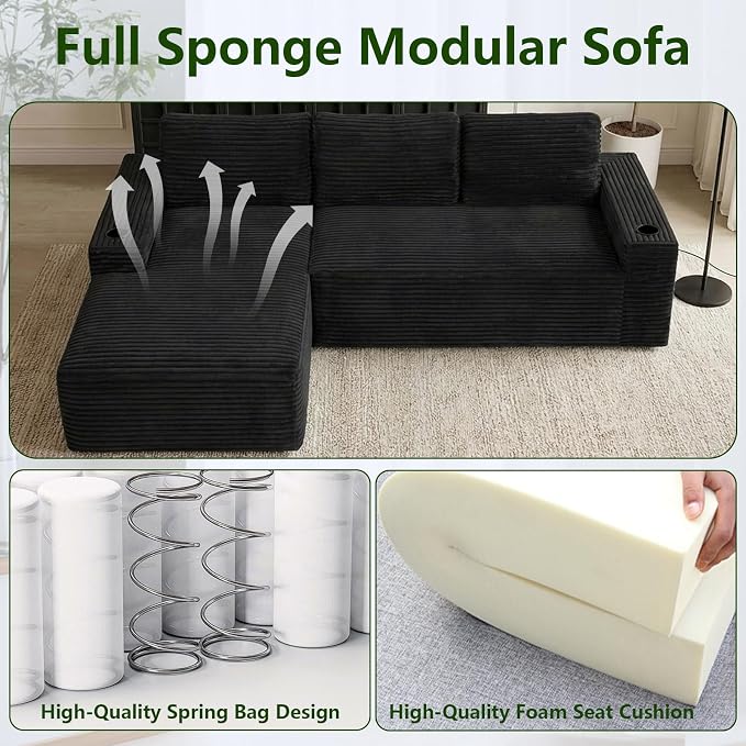 104.3" Modular Sectional Sofa,Modern Corduroy Cloud Couch with Cup Holder & Side Pockets,Boneless Couch Upholstered 3-Seater L-Shaped Sofa for Living Room,No Assembly (Black, Left-Facing Chaise) | with Cup Holder