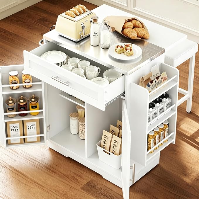 Concho 41'' Kitchen Island with Seating and Stainless Steel Countertop, Rolling Kitchen Carts on Wheels with Folding Drop Leaf, Bar Stool, Power Outlet, Spice/Towel Rack, White