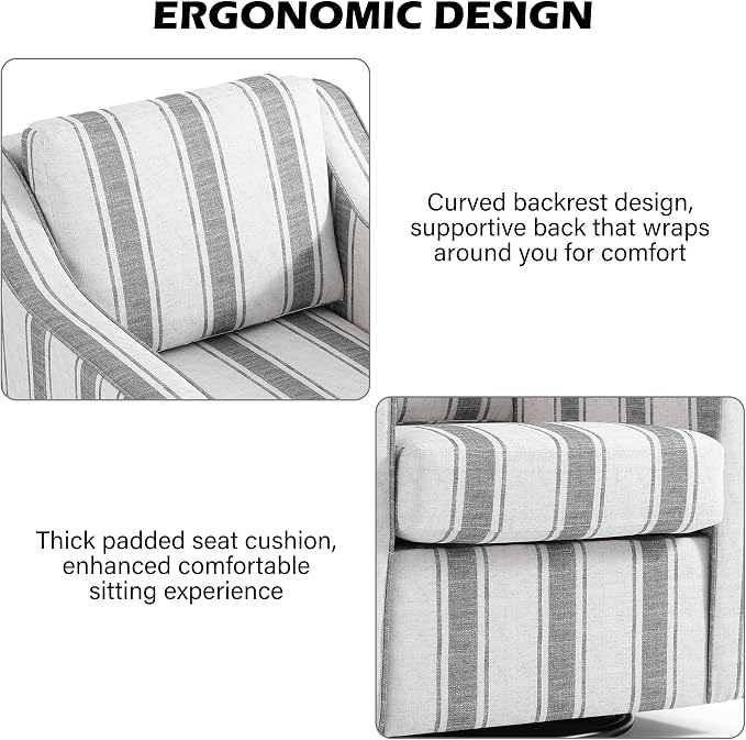 Swivel Accent Chair, Modern Round Barrel Arm Chair for Living Room, Bedroom, Comfy Club Reading Chairs for Adults (Stripe Grey, Set of 2)