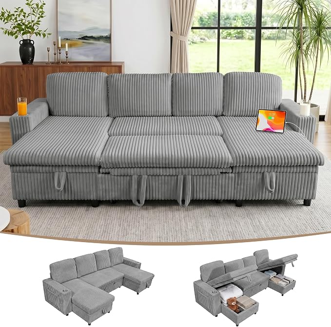 Modular Sectional Sleeper Sofa with Pull Out Bed, Plush Corduroy U Shaped Couch with Storage Chaise, USB Ports, Cup Holders, Comfy Cloud Couches for Living Room, Grey