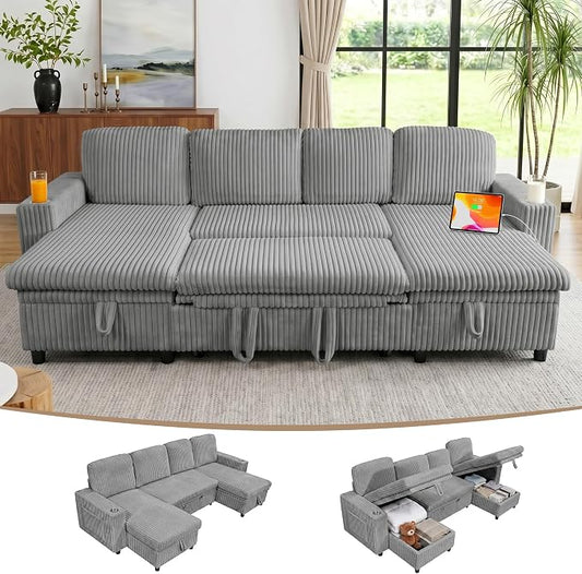 Modular Sectional Sleeper Sofa with Pull Out Bed, Plush Corduroy U Shaped Couch with Storage Chaise, USB Ports, Cup Holders, Comfy Cloud Couches for Living Room, Grey