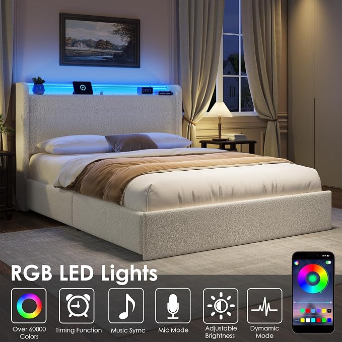 Full LED Bed Frame with 4 Storage Drawers and Storage Headboard, Soft Boucle Upholstered Platform Bed Frame with Charging Station and USB Ports, Solid Wood Slats Support, No Box Spring Needed, White