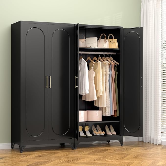Polup Metal Armoire Wardrobe Closet with Doors and Shelves, 71" Tall Wardrobe Closet with Hanging Rod, Freestanding Clothes Cabinets, Steel Wardrobes for Bedroom, Home Office, Employee, Black