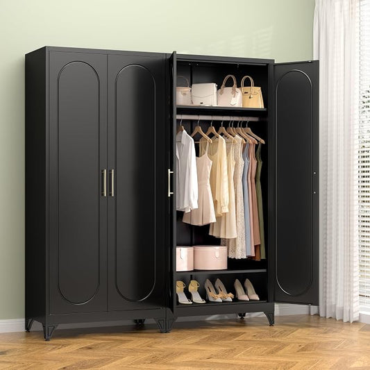 Polup Metal Armoire Wardrobe Closet with Doors and Shelves, 71" Tall Wardrobe Closet with Hanging Rod, Freestanding Clothes Cabinets, Steel Wardrobes for Bedroom, Home Office, Employee, Black