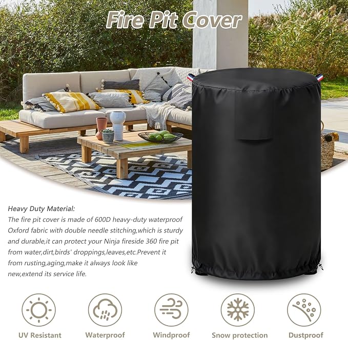 Fire Pit Covers for Ninja Fireside 360 Outdoor Heater & Fire Pit,Outdoor Heavy Duty 600D Waterproof Cover for Ninja Fireside 360 Outdoor Heater,24" Dia x 29" H,Black