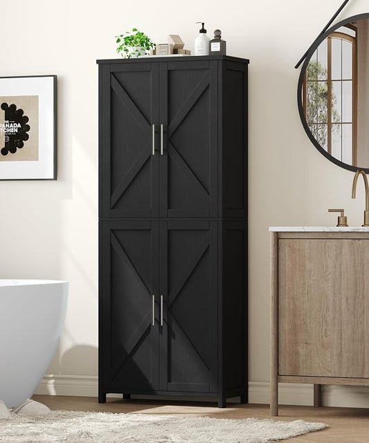 Akxomel Tall Bathroom Storage Cabinet, 11 x 22.8 x 63 Inches, Floor Cabinet with Barn Doors, Adjustable Shelf, Linen Pantry Cabinet for Kitchen, Laundry Room, Living Room, Entryway, Black