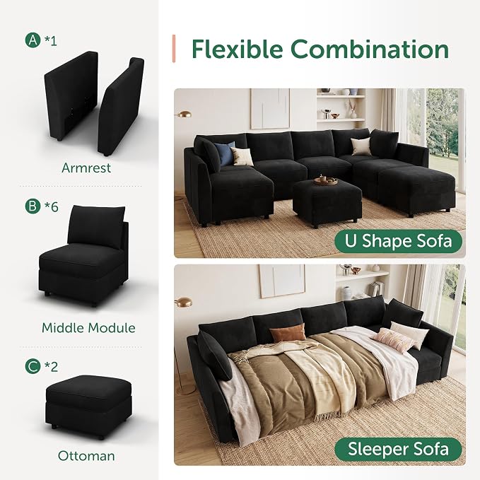 HONBAY Modular Sectional Sofa Velvet Sleeper Couch with Storage Seats Oversized Sectional Couches for Living Room,Black
