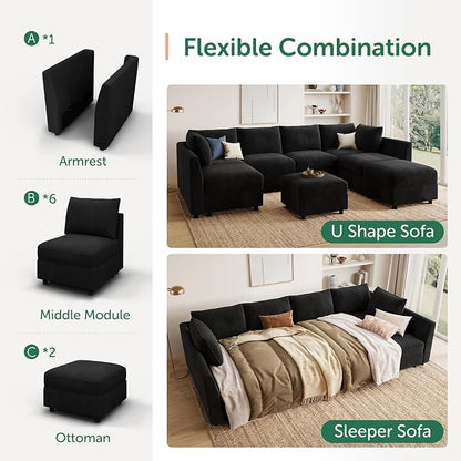 HONBAY Modular Sectional Sofa Velvet Sleeper Couch with Storage Seats Oversized Sectional Couches for Living Room,Black