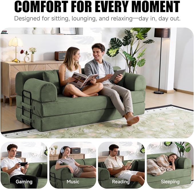 78.8" Boneless Memory Foam Couch, Corduroy Convertible Floor Sofa Bed, Fold-Out Sleeper Futon Loveseat, Wide Armrests & Supportive Back, 1200 lb, Couch in a Box, 2 Pillows, Light Green