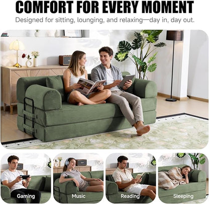 78.8" Boneless Memory Foam Couch, Corduroy Convertible Floor Sofa Bed, Fold-Out Sleeper Futon Loveseat, Wide Armrests & Supportive Back, 1200 lb, Couch in a Box, 2 Pillows, Light Green