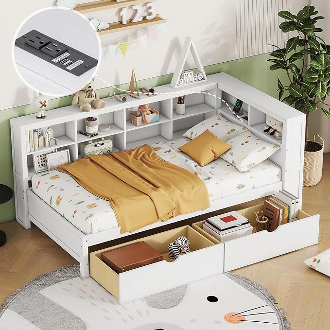 Bellemave Twin Corner Bed Frame, Wood Twin Size Daybed with L-Shaped Bookcase and 2 Drawers，Daybed with Storage Cabinets, White