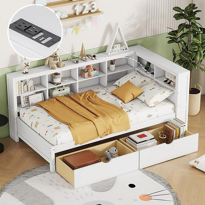 Bellemave Twin Corner Bed Frame, Wood Twin Size Daybed with L-Shaped Bookcase and 2 Drawers，Daybed with Storage Cabinets, White