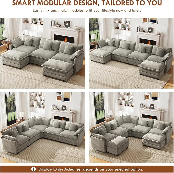 WorthFurni 114” Oversized Modular Sectional Sofa, 7-Seater V Shaped Cloud Couch Set, Comfy Chenille Deep Seat Couches with 2 Movable Ottomans, DIY Combination for Living Room (Gray)