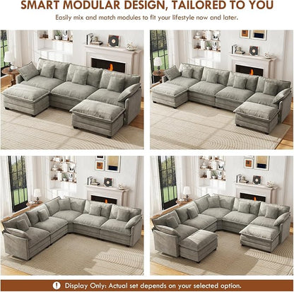 WorthFurni 114” Oversized Modular Sectional Sofa, 7-Seater V Shaped Cloud Couch Set, Comfy Chenille Deep Seat Couches with 2 Movable Ottomans, DIY Combination for Living Room (Gray)