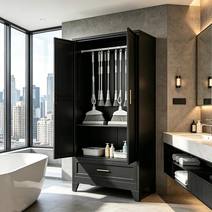 71" H Metal Armoire Wardrobe Closet with Drawers, Black Wardrobe Closet with Doors and Shelves,Tall Wardrobe Closet for Bedroom