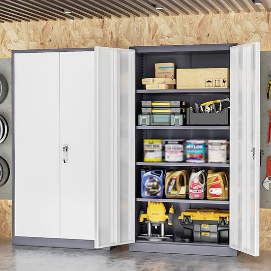 INTERGREAT Metal Storage Cabinet, 72” H Storage Cabinet with 2 Doors and 4 Adjustable Shelves for Office, Home, Garage, Pantry (Assembly Required, Grey White)