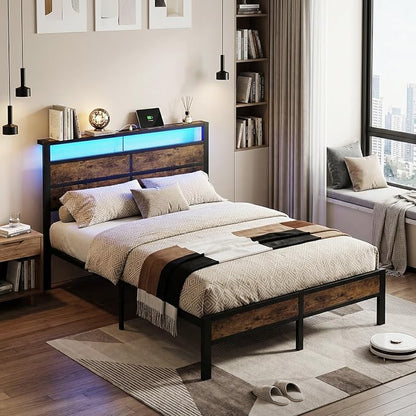 Queen Size Bed Frame with LED Lights, USB Type C Charging Headboard, Brown Metal Platform Bed with Storage Shelf, Noise Free Design, No Box Spring Needed