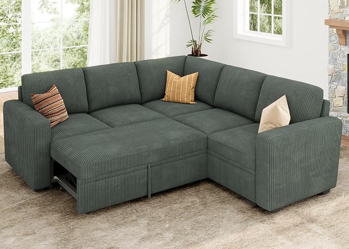 HONBAY Modular Sectional Sleeper Sofa with Pull Out Bed, Corduroy L Shaped Couch with Storage, Sectional Couches for Living Room, Green