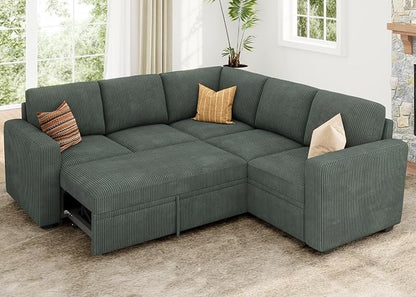 HONBAY Modular Sectional Sleeper Sofa with Pull Out Bed, Corduroy L Shaped Couch with Storage, Sectional Couches for Living Room, Green