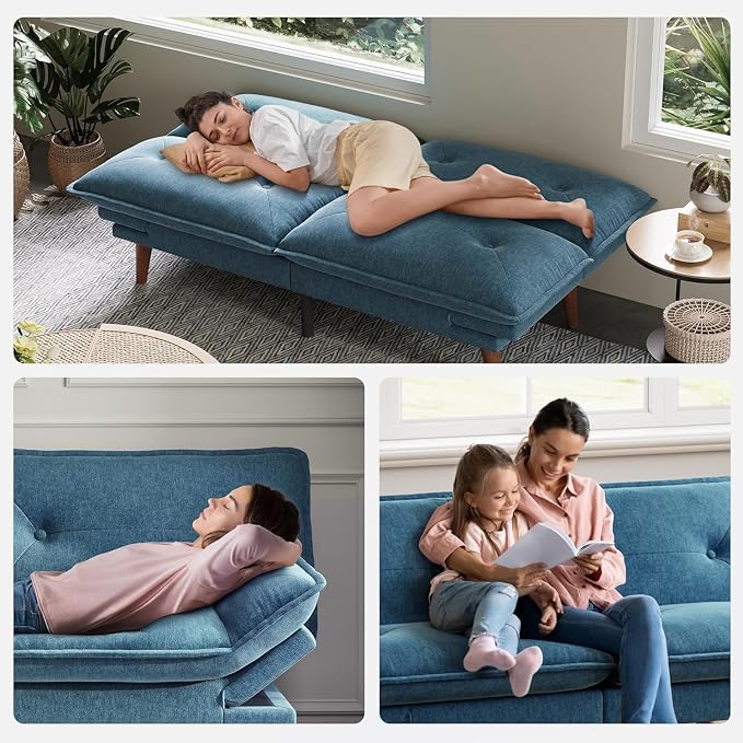 LINSY HOME Futon Sofa Bed, 70" Chenille Futon Couch with Adjustable Backrest Armrest, 3 in 1 Convertible Comfy Loveseat Sleeper Sofa Bed for Small Spaces Dorm Room Apartment Home Office（Blue）