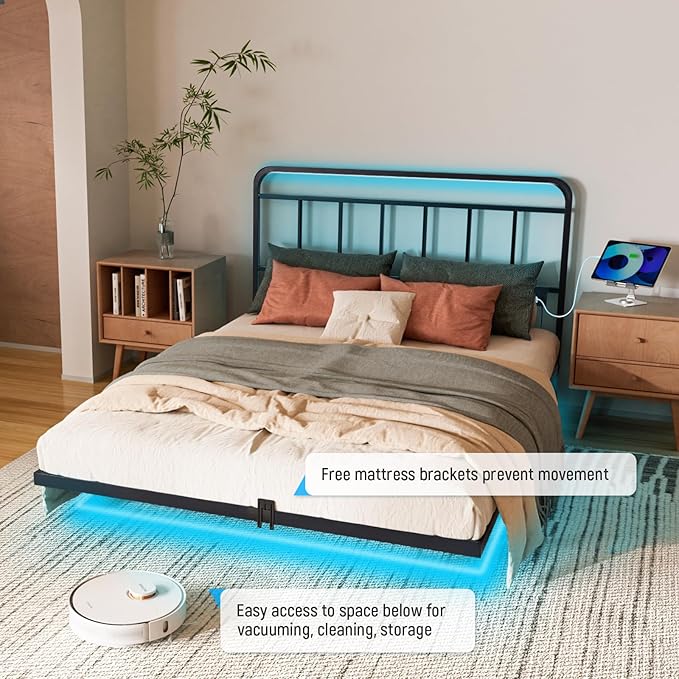 Floating Twin Size Platform Bed Frame with LED Lights & Charging Station - Includes Powered Screwdriver for Assembly, Mattress Fasteners & Corner Pads, Hardened Steel