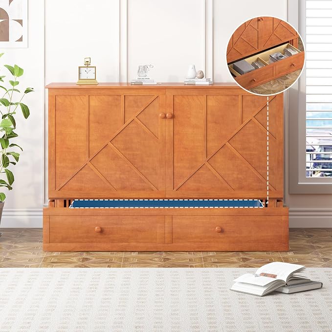 PUREMIND Queen Murphy Bed, Hideaway Murphy Cabinet Bed with 2 Storage Drawers, Space-Saving Chest Beds with USB Charging Ports and Headboard for Bedroom, Guest Room