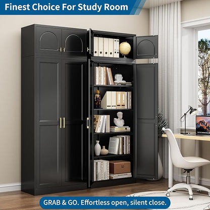 86" Tall Metal Kitchen Pantry Storage Cabinet with Doors | Extra Large Heavy Duty Steel Cabinet, 4 Adjustable Shelves, Easy-Access Gold Handles, Black, 2 Packages, Home Office