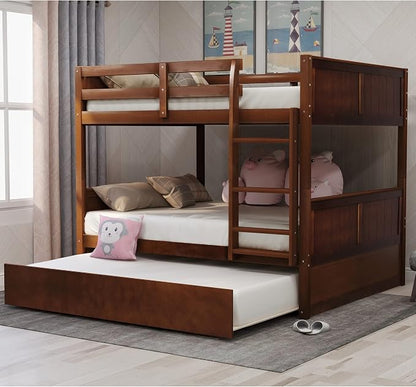 MERITLINE Detachable Full Over Full Bunk Bed with Trundle，Solid Wood Full Size Floor Bunk Bed for Kids,Walnut