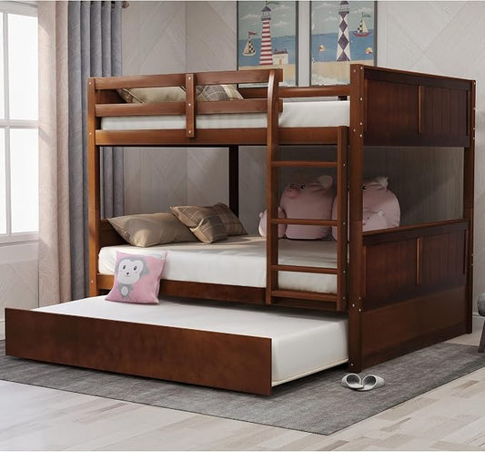 Merax Trundle Bunk Bed, Full Over Full Wood Bunk Bed with Twin Size Trundle, Guardrail and Ladder, Can be Separated into 2 Beds, Walnut