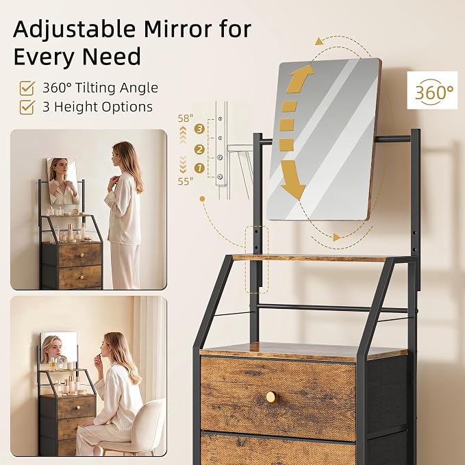 HIGDBFE 4-Drawer Dresser with Mirror, Vanity with 2-Tier Shelves, Fabric Chest of Drawers for Small Space, Vertical Storage Cabinet for Bedroom, Nightstand Bedside Table, Rustic Brown, 15.3" W