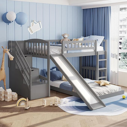 Ball & Cast Twin Over Twin Size Bunk Bed with Two Drawers and Slide,Wood Bunkbed w/Full-Length Guardrails & Storage Ladder,Space Saving,Slat Support,Bedframe for Child's Bedroom,Gray