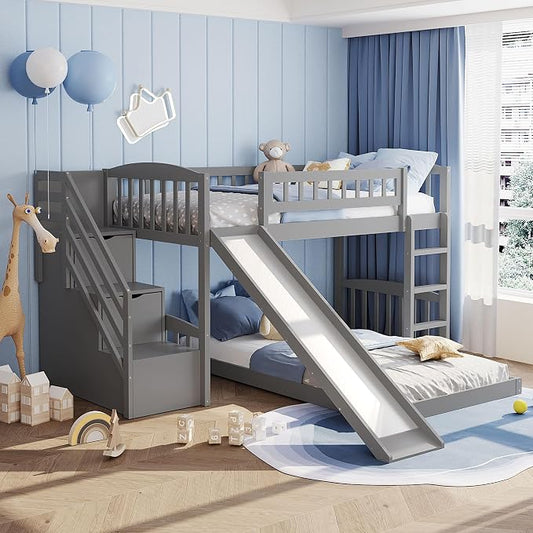 Ball & Cast Twin Over Twin Size Bunk Bed with Two Drawers and Slide,Wood Bunkbed w/Full-Length Guardrails & Storage Ladder,Space Saving,Slat Support,Bedframe for Child's Bedroom,Gray