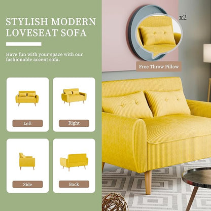 Vongrasig 48" Small Modern Loveseat Sofa, Mid Century Soft Corduroy Fabric 2-Seat Sofa Couch Tufted Love Seat with Back Cushions and Tapered Legs for Living Room, Bedroom and Small Space (Yellow)