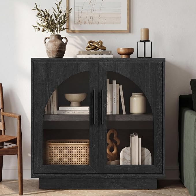 Fatmok Arched Glass Sideboard Buffet Accent Cabinet, 31.5" Display Credenza with Adjustable Shelf,4-Piece Modular Coffee Station Storage for Kitchen Living Room Bedroom, Black Grey