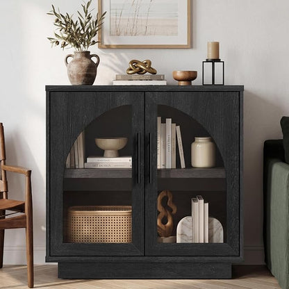 Fatmok Arched Glass Sideboard Buffet Accent Cabinet, 31.5" Display Credenza with Adjustable Shelf,1-Piece Modular Coffee Station Storage for Kitchen Living Room Bedroom, Black Grey