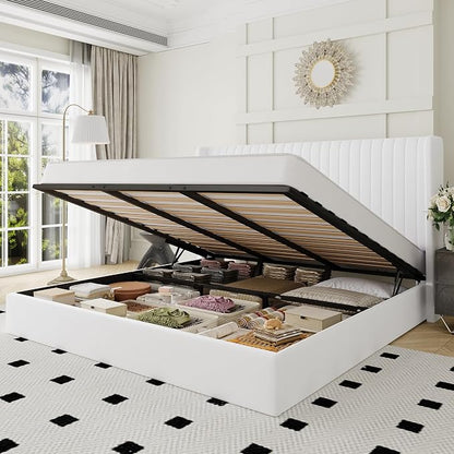 Allewie King Size Lift Up Storage Bed Frame, Hydraulic Support System, Upholstered Platform Bed Frame, Underneath Storage, Vertical Channel Tufted Headboard with Wingback, No Box Spring Needed, White