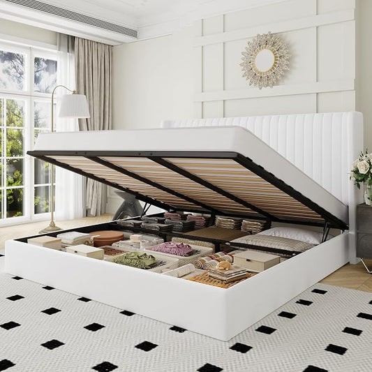 Allewie King Size Lift Up Storage Bed Frame, Hydraulic Support System, Upholstered Platform Bed Frame, Underneath Storage, Vertical Channel Tufted Headboard with Wingback, No Box Spring Needed, White