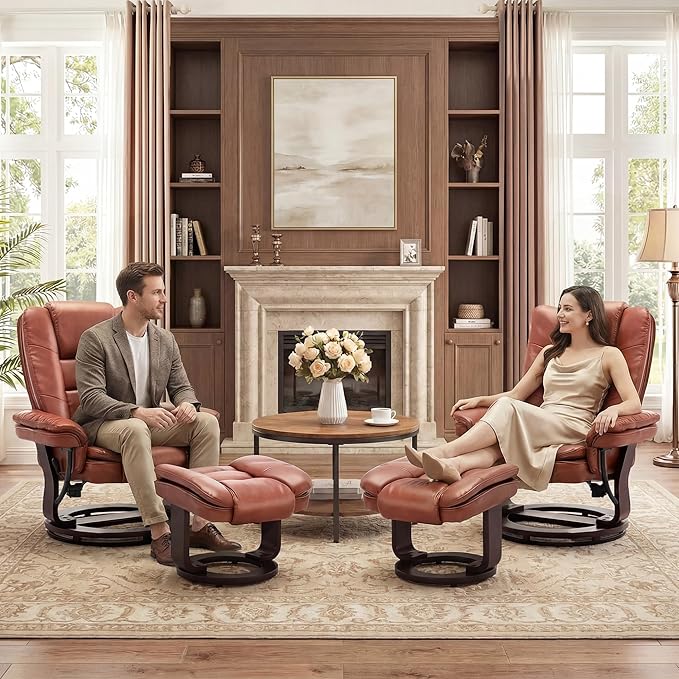 Swivel Recliner Chair with Ottoman Reclining Lounge Sofa Footrest, Set of 1 | 360°Sturdy Wood Base, Soft PU Leather, Upholstered Ultra-Plush Foam, Modern Armchair, Living Room Bedroom Office Reading Home