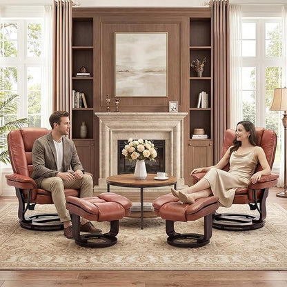 Swivel Recliner Chair with Ottoman Reclining Lounge Sofa Footrest, Set of 1 | 360°Sturdy Wood Base, Soft PU Leather, Upholstered Ultra-Plush Foam, Modern Armchair, Living Room Bedroom Office Reading Home