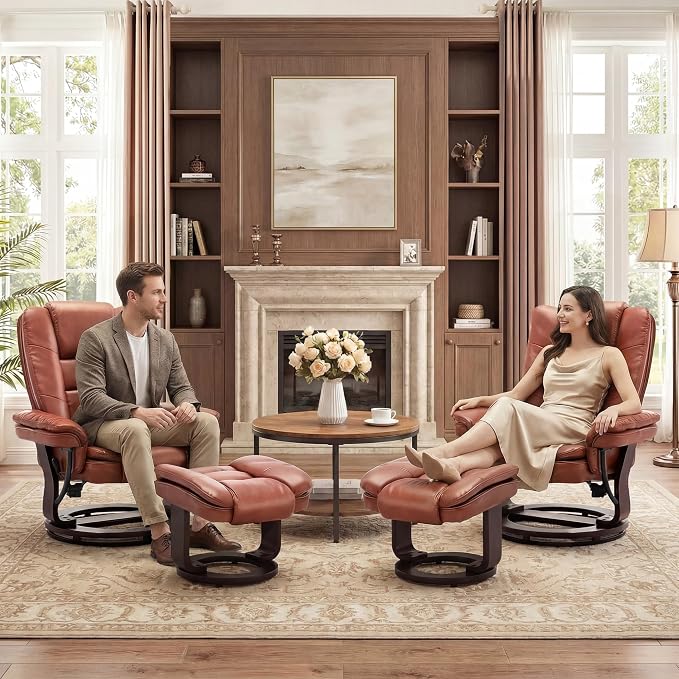 Swivel Recliner Chair with Ottoman Reclining Lounge Sofa Footrest, Set of 2 | 360°Sturdy Wood Base, Soft PU Leather, Upholstered Ultra-Plush Foam, Modern Armchair, Living Room Bedroom Office Reading Home