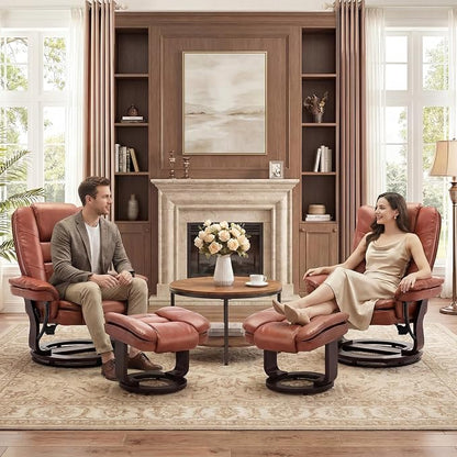 Swivel Recliner Chair with Ottoman Reclining Lounge Sofa Footrest, Set of 2 | 360°Sturdy Wood Base, Soft PU Leather, Upholstered Ultra-Plush Foam, Modern Armchair, Living Room Bedroom Office Reading Home