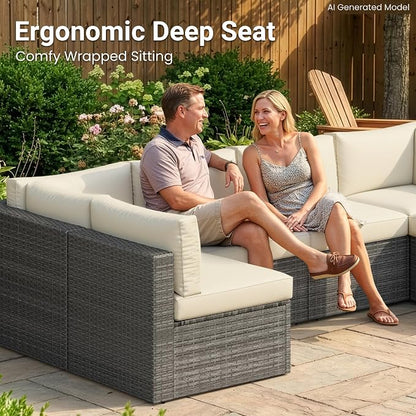 Wisteria Lane 7 Pieces Outdoor Patio Furniture Set, Wicker Outdoor Patio Sectional Sofas with Coffee Table, All-Weather Patio Conversation Set for Garden Backyard, Beige