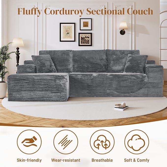 108" L Shaped Boneless Sectional Couches for Living Room, Comfy Corduroy Floor Cloud Sofa with Chaise, Wide Armrest, Deep Seat, Memory Foam, Assembly Free, Ideal for Small Spaces, Grey