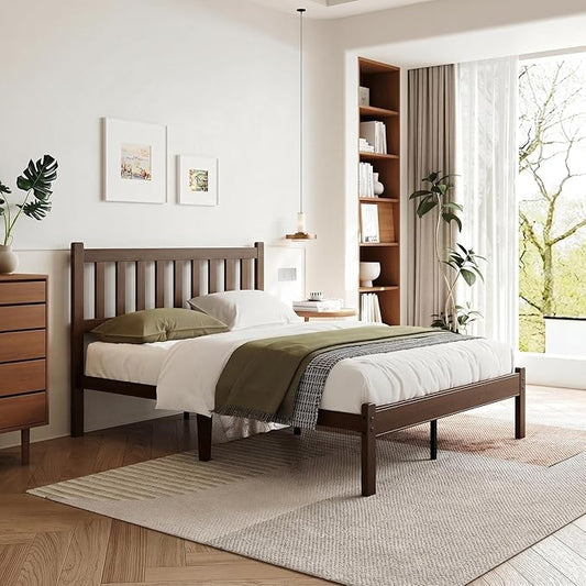 Askeld Bamboo Full Bed Frame with Headboard, 14 Inch High Wood Platform Bed No Box Spring Needed, Modern Minimalist Heavy Duty Bedframe, Easy Assembly, Noise Free, Walnut Color