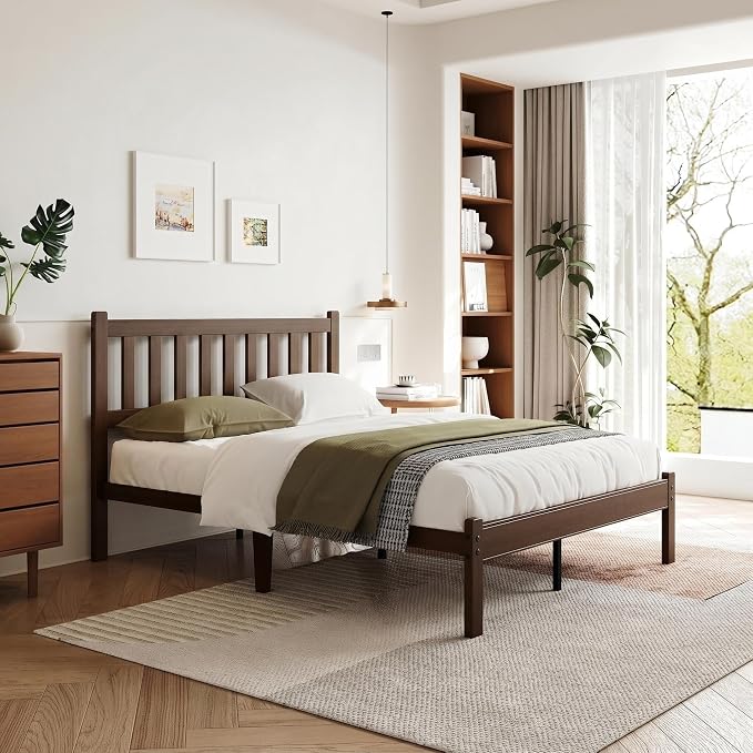 Askeld Bamboo Queen Bed Frame with Headboard, 14 Inch High Wood Platform Bed No Box Spring Needed, Modern Minimalist Heavy Duty Bedframe, Easy Assembly, Noise Free, Walnut Color